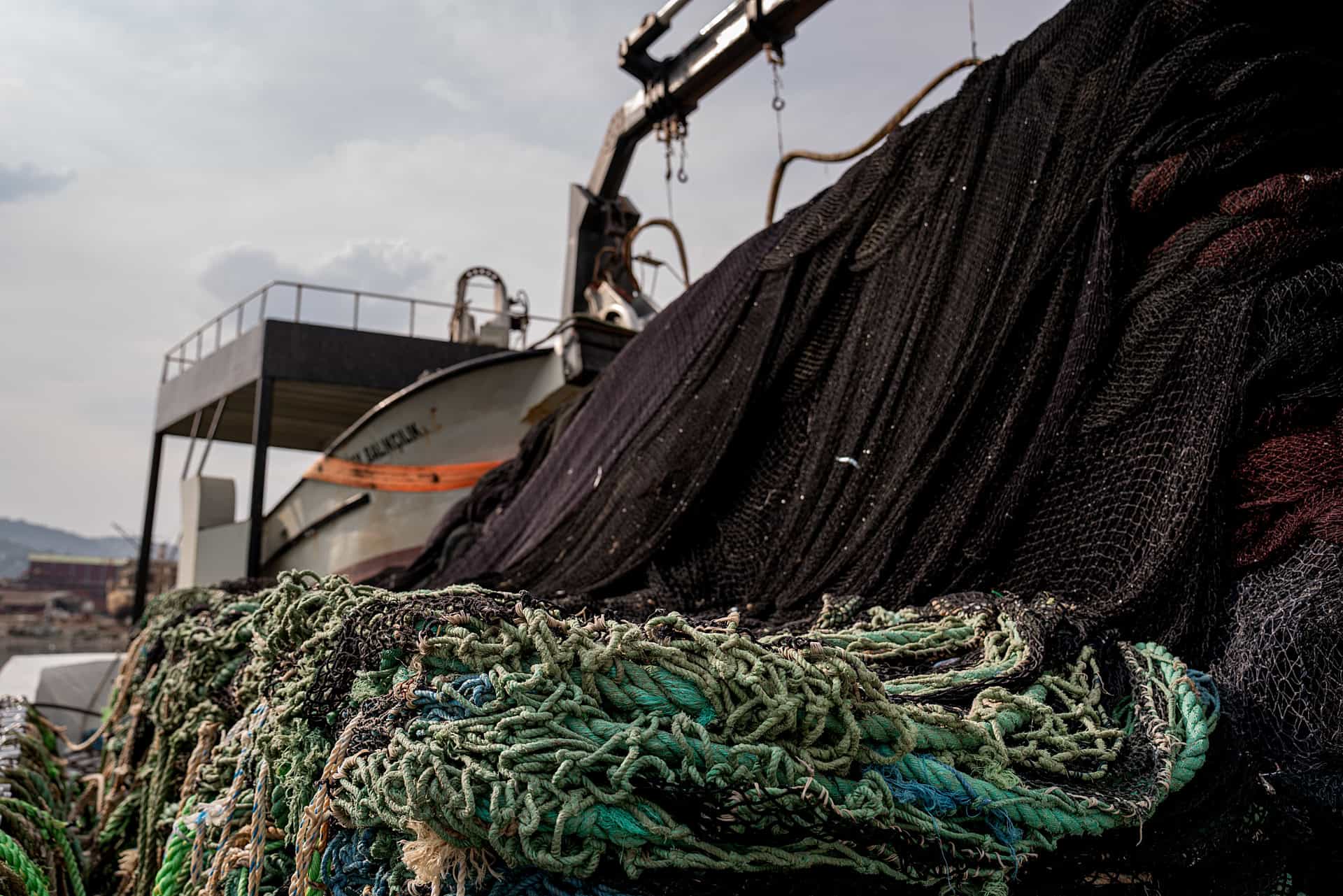 Seine nets stowed on the deck of a 41-metre-long Turkish "girgir" commercial fishing vessel. When the fishers locate a suitable school of fish, they set these 1200-metre-long nets to surround and trap the fish. These vessels are capable of catching several tons of fish at a time. Trabzon, Trabzon Province, Black Sea Region, Turkiye, 2023. Havva Zorlu / We Animals Media